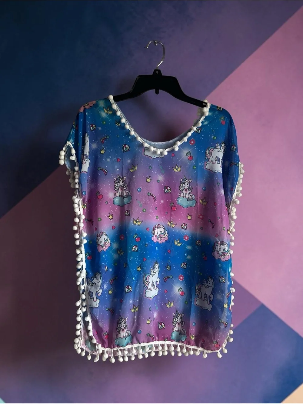 4/$20 Unicorn Size M Pom-Pom Cover-Up in Blue and Purple